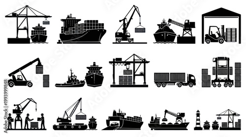 Black and White Vector Icons of Cargo Ships, Cranes, and Trucks in Port