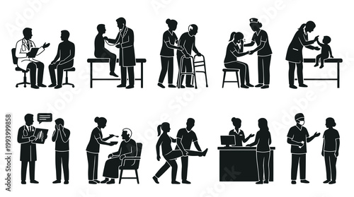 Medical Healthcare Icons: Doctors, Nurses, Patients, Examination, Therapy