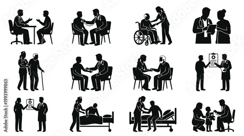 Healthcare Medical Professionals Patient Care Glyph Icons Set - Doctor Nurse Silhouette Vector