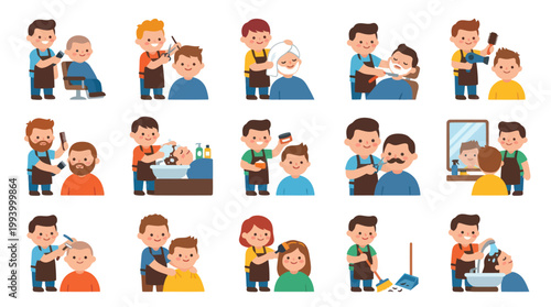 Barber Shop and Hair Salon Services Flat Cartoon Vector Illustrations Set