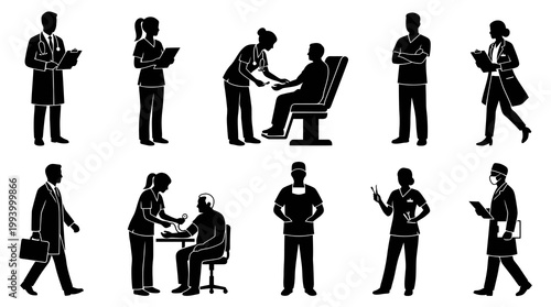 Medical Healthcare Professionals  Patients Glyph Silhouettes - Black  White Icons Set