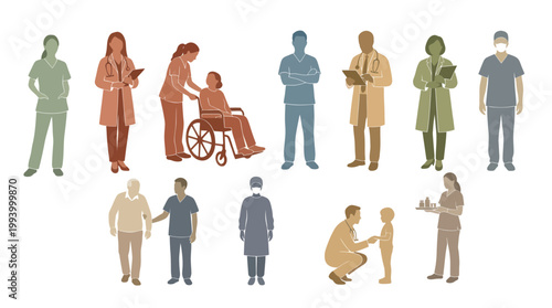 Medical Healthcare Professionals Patients Staff Flat Vector Illustration Set
