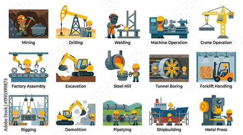 Industrial Operations Flat Icons: Mining to Metal Press
