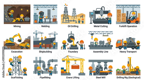 Flat Style Vector Icons of Industrial Occupations and Heavy Machinery