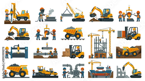 Construction Industry Flat Style Vector Illustration with Heavy Machinery and Workers