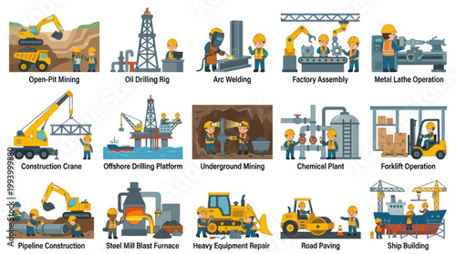 Industrial Manufacturing Engineering Scenes Flat Design Illustration with Workers and Machinery Icons