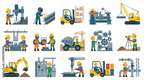 Flat Design Vector Icons of Industrial Workers and Equipment