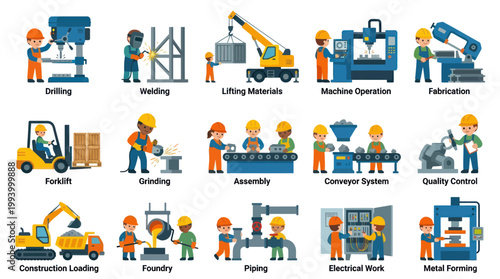 Flat Style Vector Icons of Industrial Manufacturing Processes and Workers