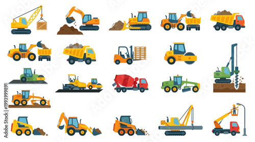 Flat Vector Construction Equipment Icons Set - Vehicles and Machinery