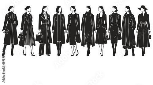 Black  White Fashion Illustration: Women in Stylish Coats and Dresses