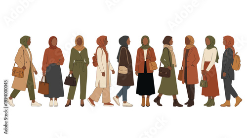 Modern Modest Fashion: Diverse Hijabi Women Group in Flat Vector Lifestyle Illustration