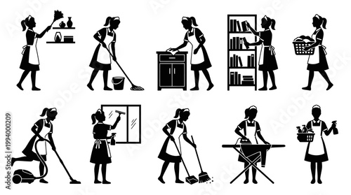 Housekeeping Icons: Woman Cleaning, Vacuuming, Ironing, Tidying, Stock Art
