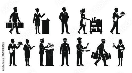 Hotel and Hospitality Industry Staff Professions Black Silhouette Icons Set