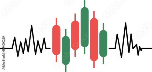 Stylized stock vector of a heartbeat monitor with colorful candlestick chart elements on white background