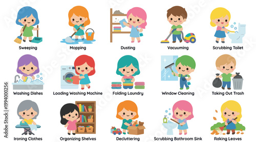 Cute Cartoon Kids Doing Household Chores and Cleaning, Flat Style
