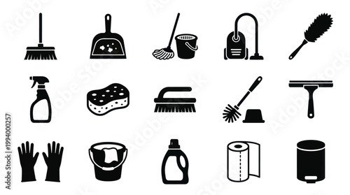 Cleaning supplies icons black and white vector illustration