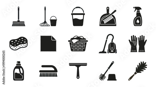 Cleaning Tools  Supplies Glyph Icons Set. Housekeeping Equipment Black  White Symbols.
