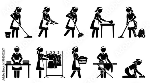 Domestic Cleaning Maid Housekeeper Woman Glyph Icons Set - Household Chores Activities