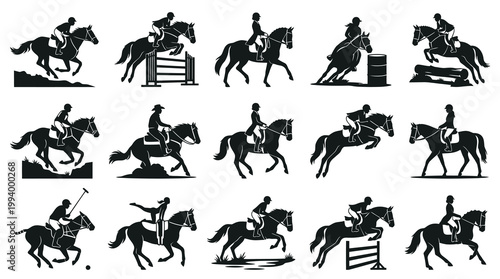 Equestrian Sports Horse Riding Silhouettes Vector Art Set - Jumping, Polo, Training Glyphs