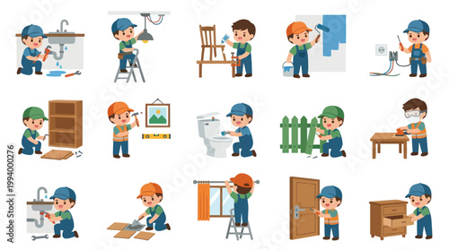 Home Repair and Maintenance Handyman Services Flat Cartoon Vector Illustration Set