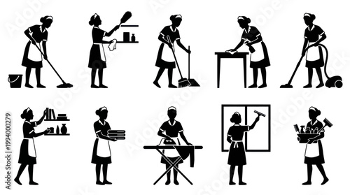 Domestic Housekeeping Cleaning Maid Service Silhouette Vector Icon Set