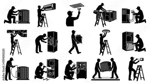HVAC technician icons: repair, installation, maintenance, service of air conditioners