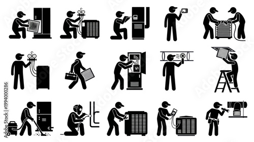 HVAC Repairman Icons: Installation, Maintenance, and Service Work