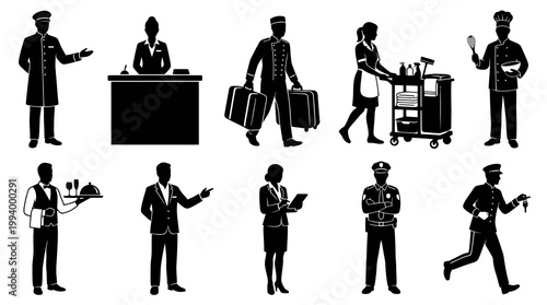 Hospitality Industry Staff Black  White Silhouette Icons Set