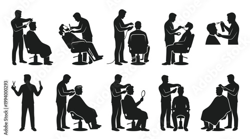 Barber Shop Hairdressing Silhouettes Set: Haircut, Shave  Styling Services Glyphs