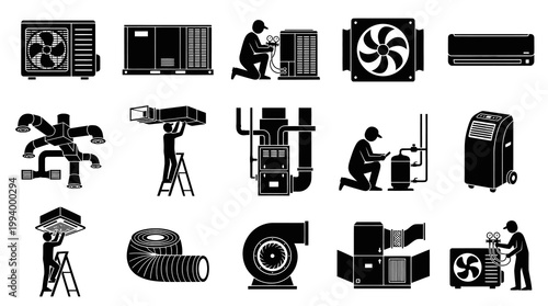HVAC System Icons: Air Conditioner Repair, Ductwork, Blower, Furnace