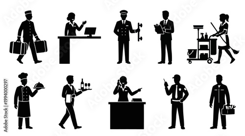 Hospitality Hotel Staff Glyph Icons Set - Service Industry Professionals Black Silhouettes