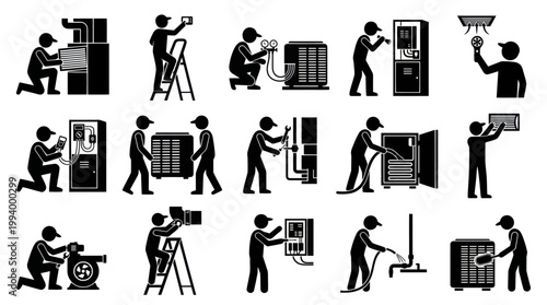 HVAC technicians performing air conditioning and heating system repairs and maintenance