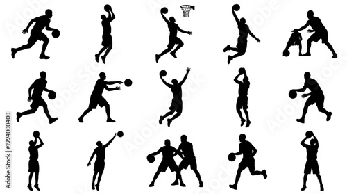 Black  White Silhouette of Basketball Players in Action