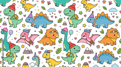 Cute Dinosaur Pattern - Kawaii Style Vector Illustration for Kids