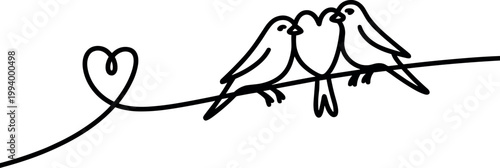 Minimalist vector illustration of a love bird family on a wire with a heart-shaped string, black and white line art