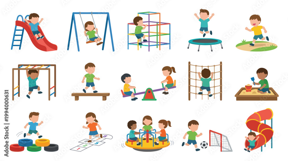 Fototapeta premium Children Playing on Playground Equipment, Flat Vector Illustration