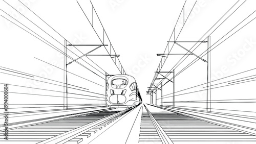 High speed train traveling on railway tracks a black and white perspective