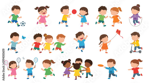 Children playing sports and games, fun outdoor activities, vector illustration, flat style