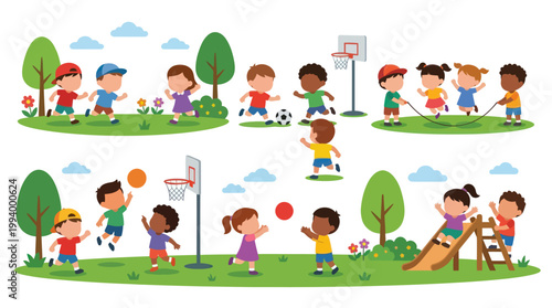 Children Playing Games Outdoors Flat Vector Illustration for Childhood Education