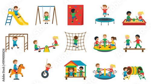 Kids Playing on Playground Equipment: Slide, Swing, Trampoline, Merry-go-round, Sandbox