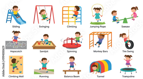 Children playing on playground equipment: Sliding, swinging, climbing, fun
