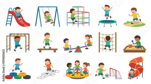 Children Playing on Playground Equipment, Flat Vector Illustration