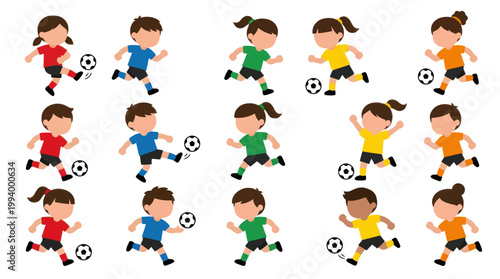 Active Kids Playing Soccer Flat Cartoon Illustration Set for Children Sports Education