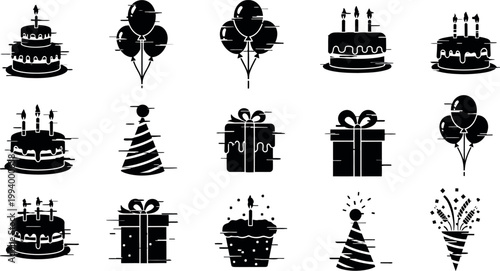 Colorful collection of birthday cakes, candles, gifts, and party symbols in minimalist flat vector style, ideal for invitations, cards, and event promotions.