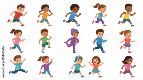 Diverse cartoon kids running, flat vector illustration, healthy lifestyle