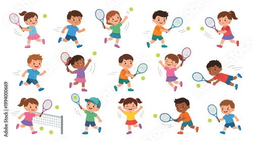 Children playing tennis, flat illustration, sports, active kids