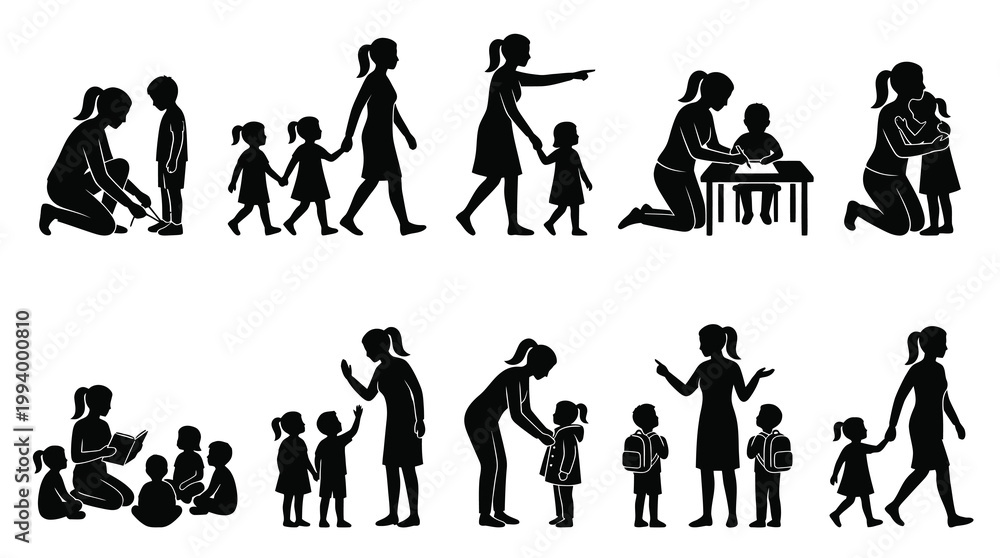 Obraz premium Childcare and Education Silhouettes: Women and Children Interaction Vector Icon Set
