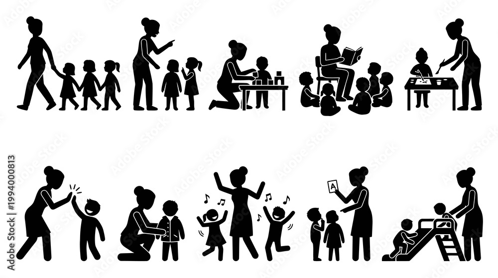 Obraz premium Kindergarten Icons: Teachers and Kids Activities, Black White Glyph Art