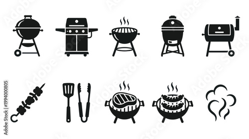 Black  White Grill Icons, BBQ Utensils, and Smoke Vector Set