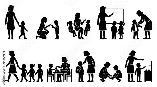 Early Childhood Education Teacher and Kids Activities Silhouette Vector Icons Set